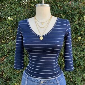 Vintage Pandora V-Neck Top – Y2K / 90s – Blue & White Stripe – Women’s Small